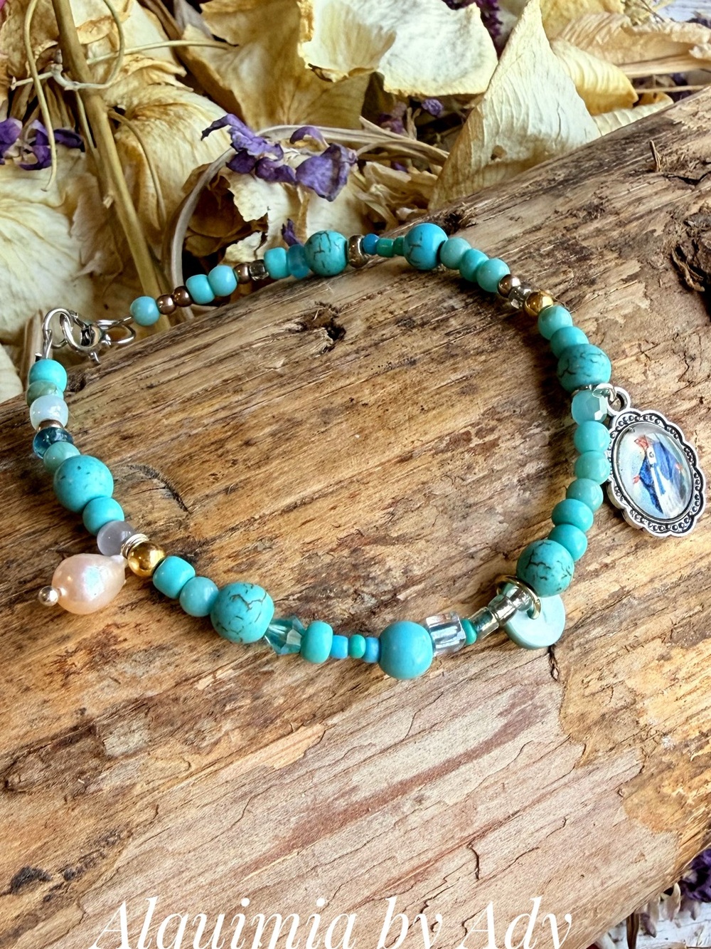 Baroque pearl + turquoise Beaded Bracelet with Gold Accents Religious Medallion